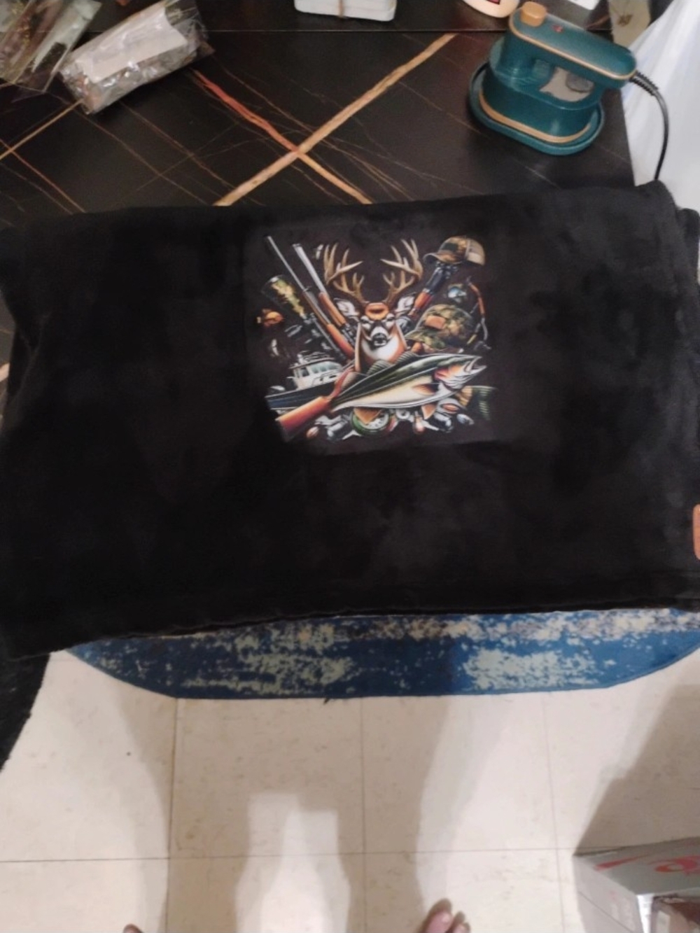 Black Men’s Fleece Throw with Hunting & Fish Artwork